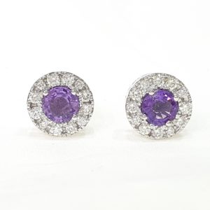 Natural Amethyst Stone Round Cut Halo Diamond Stud Earrings