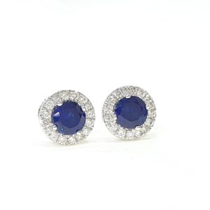 Blue Stone Round Cut Halo Diamond Stud Earrings