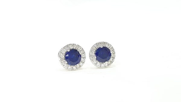 Blue Stone Round Cut Halo Diamond Stud Earrings