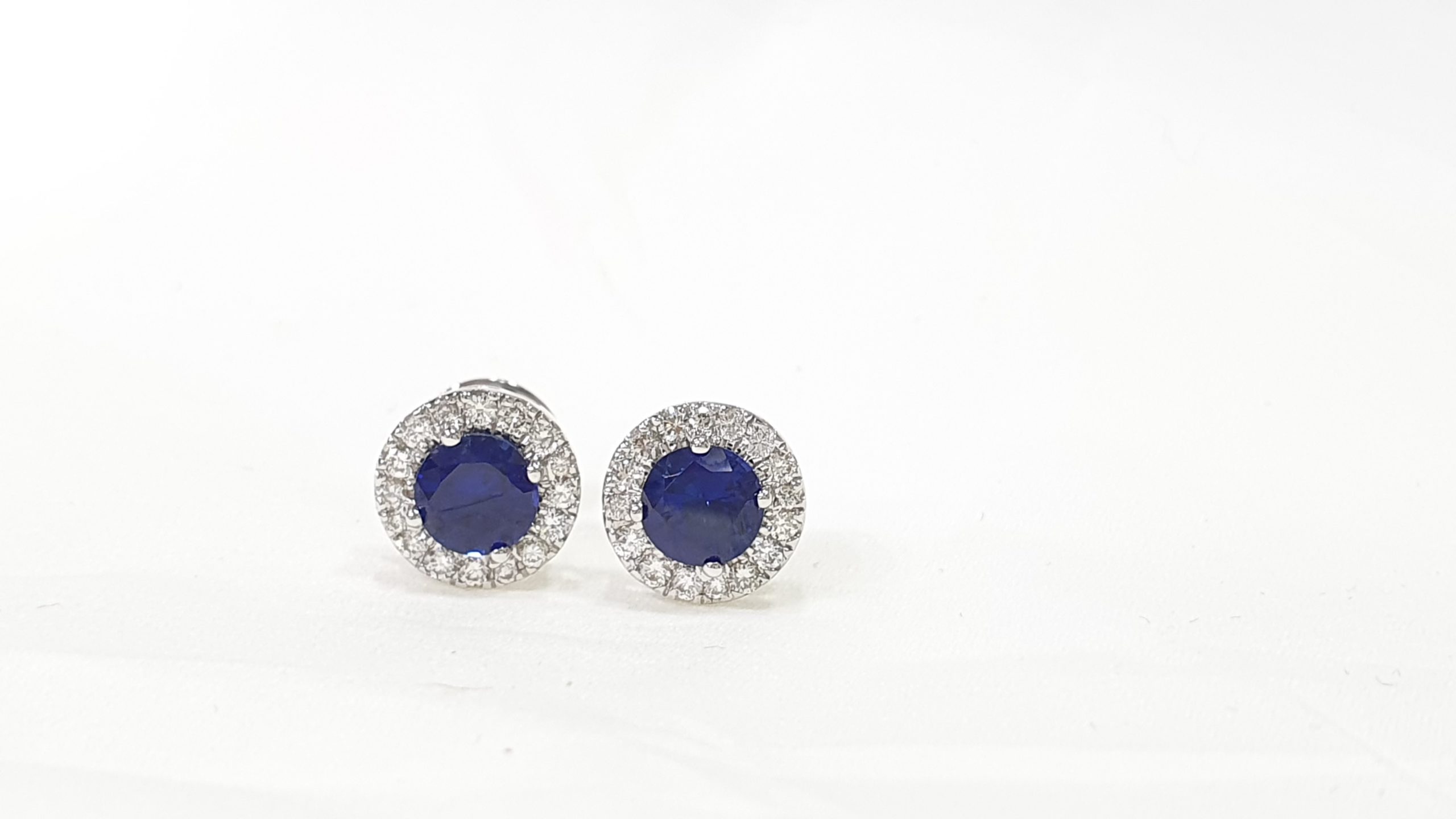 Blue Stone Round Cut Halo Diamond Stud Earrings 18Kt White Gold ...