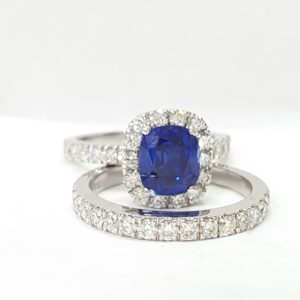 Blue Stone Cushion Cut - Diamond Bridal Wedding Set Engagement Ring