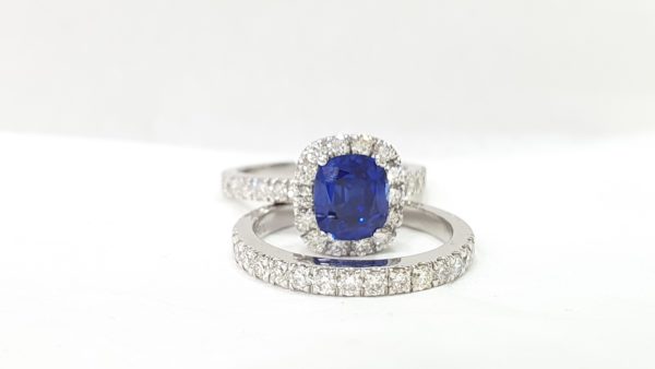 Blue Stone Cushion Cut - Diamond Bridal Wedding Set Engagement Ring