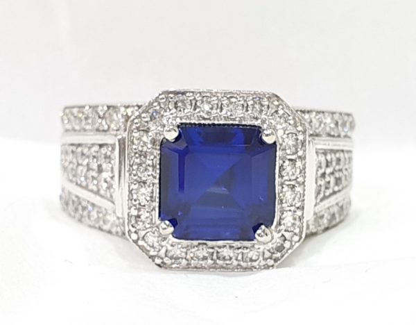 Square-Cut Blue Stone & Diamond Ring