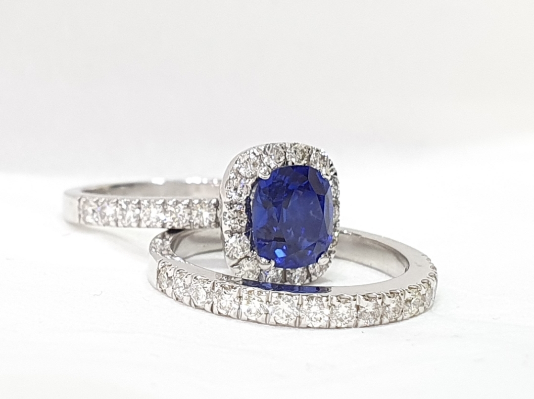 Blue Stone Cushion Cut – Diamond Bridal Wedding Set Engagement Ring 18KT  White Gold – Parasmani Jewellary