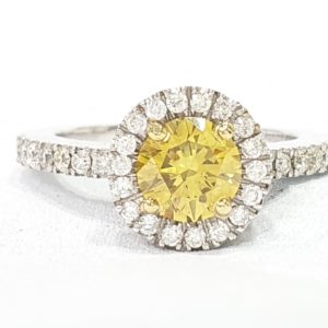 Round Cut Fancy Yellow Diamond Ring with Halo 18K White Gold