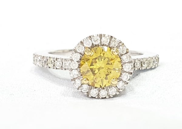Round Cut Fancy Yellow Diamond Ring with Halo 18K White Gold