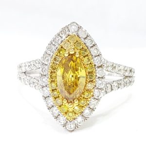 FANCY YELLOW MARQUISE DIAMOND DOUBLE HALO RING