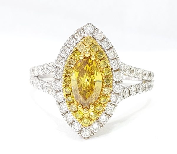 FANCY YELLOW MARQUISE DIAMOND DOUBLE HALO RING