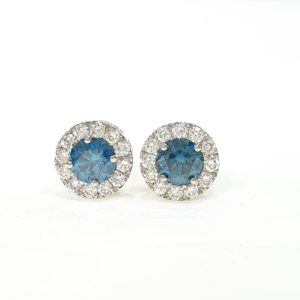 Fancy Blue Diamond Round Cut Halo Diamond Stud Earrings