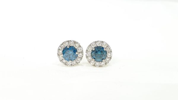 Fancy Blue Diamond Round Cut Halo Diamond Stud Earrings