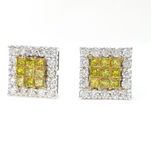 Invisible Set Princess Cut White & Yellow Diamond Stud Earrings