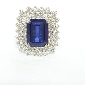 Emerald-Cut Blue Stone & Diamond Ring