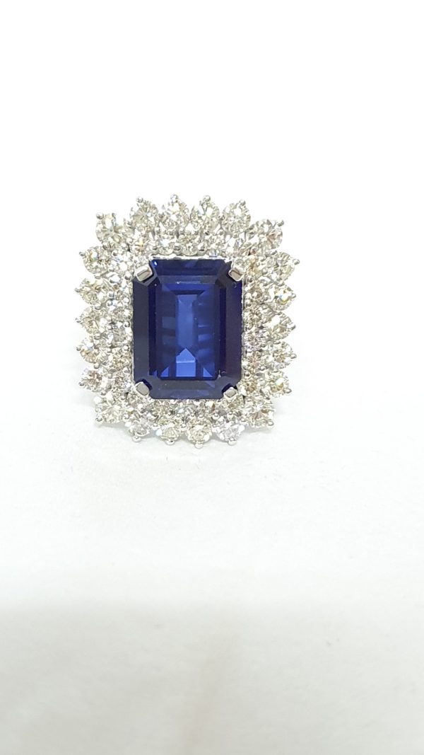 Emerald-Cut Blue Stone & Diamond Ring