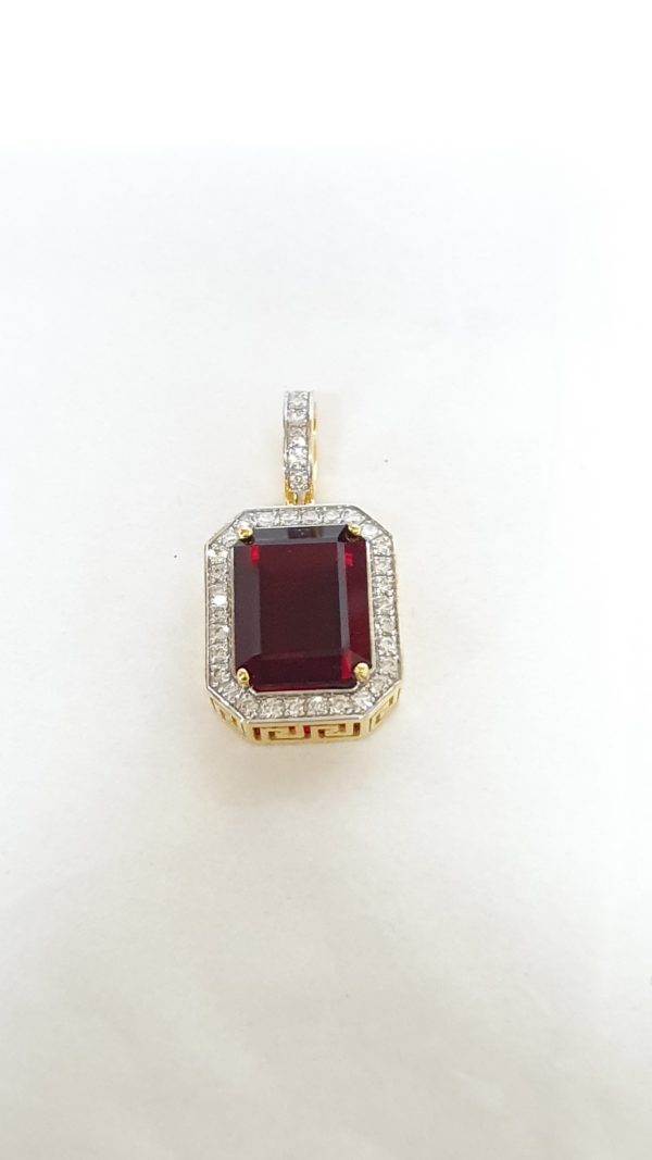 Emerald Cut Garnet Stone & Diamonds Pendant