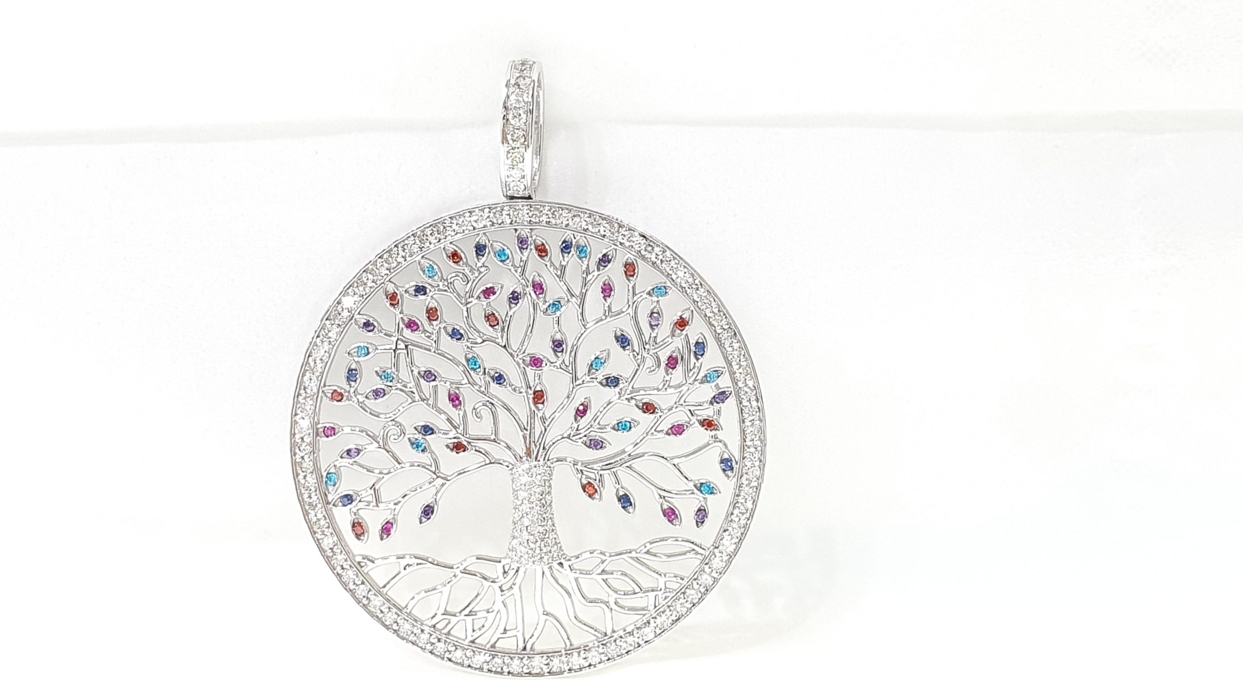 Tree Of Life Pendant With Diamonds & Gemstones 18 Kt White Gold